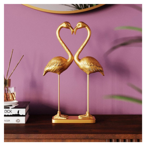 Dekoratívna figúrka KARE Flamingo Love, zlatá farba, výška 39 cm