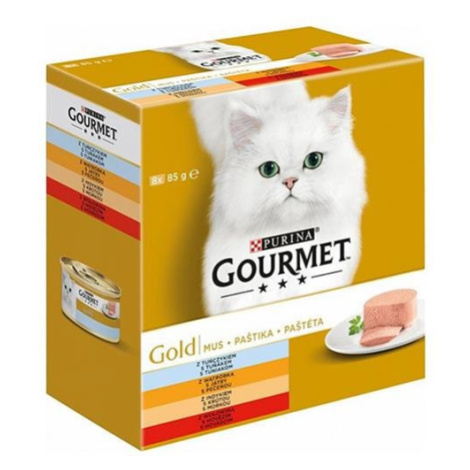 GOURMET GOLD Multipack tuniak, pečeň, morka, hovädzie paštéta konzervy pre mačky 8x85g