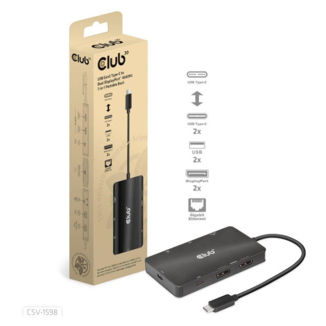 Club3D Dokovacia stanica USB Gen2 Type-C na Dual DisplayPort 4k60Hz 7-in-1 Portable Dock