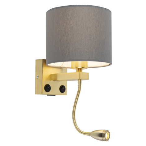 Nástenná lampa v štýle art deco zlatá s USB a šedým tienidlom - Brescia QAZQA