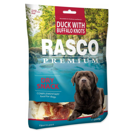 Pochúťka Rasco Premium byvolia koža s kačacím mäsom, uzly 5cm 230g