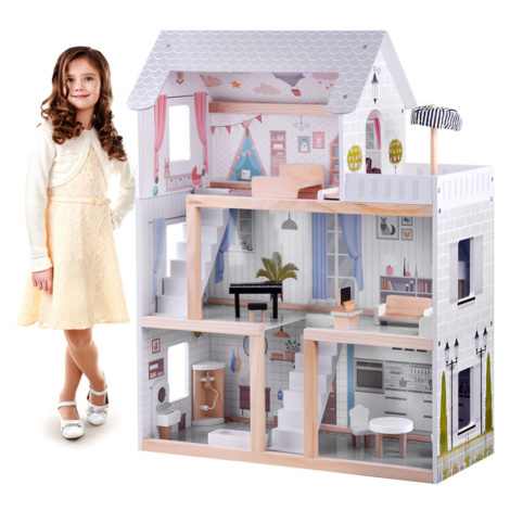 mamido Drevený domček pre bábiky s LED osvetlením biely