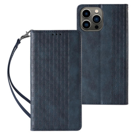 MG Magnet Strap knižkové kožené puzdro na iPhone 13 Pro Max, modré