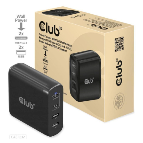 Club3D cestovná nabíjačka 100W GAN technológia, 2xUSB-A a 2xUSB-C, PD 3.0 Support