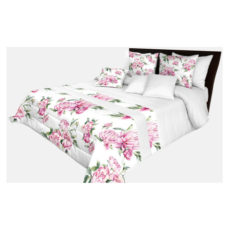 domtextilu.sk Prehoz na posteľ v krásnej bielej farbe s potlačou ružových kvetín a zelených list