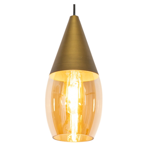 Moderné závesné svietidlo zlaté s jantárovým sklom - Drop QAZQA