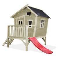 Domček cédrový na pilieroch Crooky 300 Exit Toys s vodeodolnou strechou a šmykľavkou sivo béžový