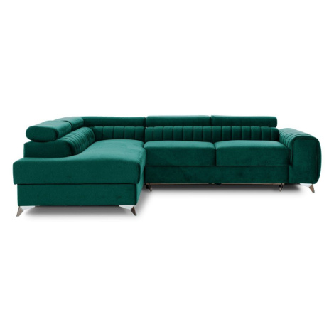 Zelená zamatová rozkladacia/s úložným priestorom rohová pohovka (ľavý roh/do L) Laurence – ELTAP