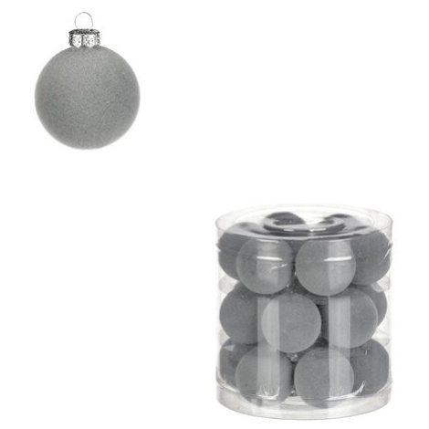 Vianočné plastové gule, zamatové, šedivá farba. Cena za 1 box/18ks.