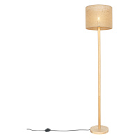 Vidiecka stojaca lampa drevená s ľanovým tienidlom natural 32 cm - Mels