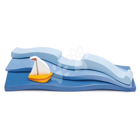 Drevený oceán Blue Water Tender Leaf Toys s troma vlnami a loďkou