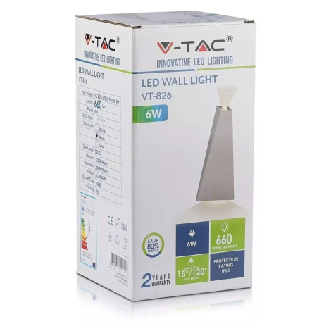 Záhradné LED nástenné svietidlo 6W, 3000K, 660lm, IP65, čierne VT-826 (V-TAC)