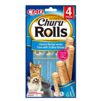 Maškrta pre mačky Inaba Churu Rolls cat Kura & Tuniak s hrebenatkou 4tuby, 40g