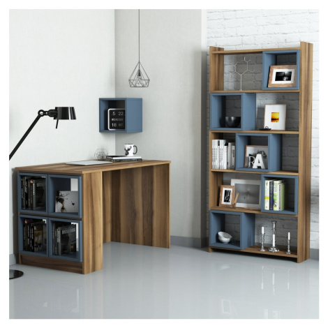Písací stôl s knižnicou a policou Boxe orech/modrý Kalune Design