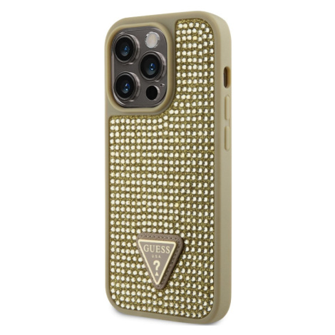 Plastové puzdro Guess na Apple iPhone 14 Pro GUHCP14LHDGTPD Rhinestones Triangle Metal Logo zlat