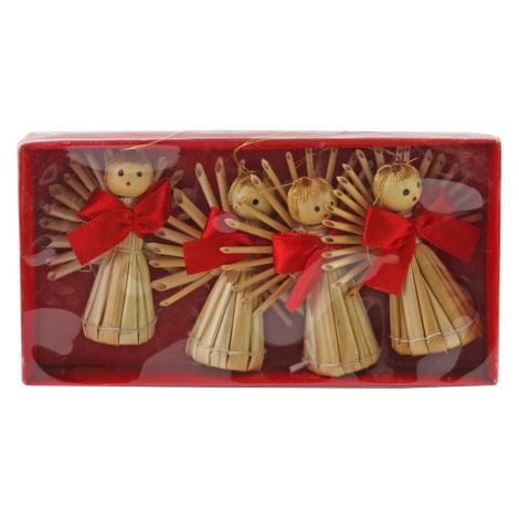 Anjel zo slamy na zavesenie s mašľou, 4 ks