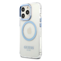 Plastové puzdro Guess na Apple iPhone 13 Pro Max GUHMP13XHTRMB Metal Outline Magsafe modré
