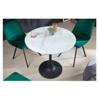 Estila Art deco okrúhly jedálenský stôl Velma s mramorovou povrchovou doskou bielej farby a čier