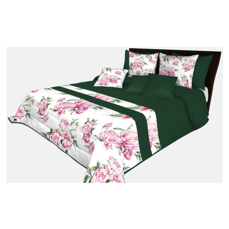 domtextilu.sk Prehoz na posteľ v krásnej tmavo zelenej farbe s potlačou ružových kvetín a zelený