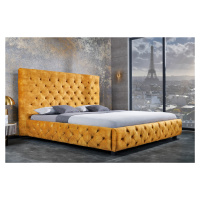 Estila Moderná manželská posteľ Kreon so zamatovým poťahom žltej farby s chesterfield prešívaním