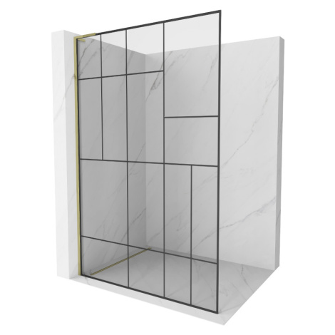 Mexen Kioto L, sprchová zástena Walk-In 100 x 200 cm, 8mm číre sklo čierny vzor, zlatý lesklý pr