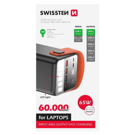 SWISSTEN Power Line, 60 000 mAh, 65W, Power Delivery, čierna