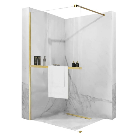 Rea Aero Gold Brush, sprchová zástena Walk-In 110x195 cm, 8mm číre sklo, zlatý matný profil + po