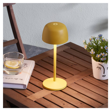 Lindby LED dobíjacia stolová lampa Arietty, žltá, hliník, Ø 10,5 cm