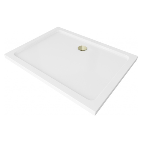 MEXEN/S - Flat sprchová vanička obdĺžniková slim 140 x 100, biela + zlatý sifón 40101014G