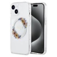 Guess PC/TPU Flowers Ring Glossy Logo MagSafe Zadný Kryt pre iPhone 15 Transparent