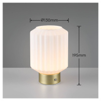 Stolná lampa Lord LED s dobíjaním, mosadz/opál, výška 19,5 cm, sklo