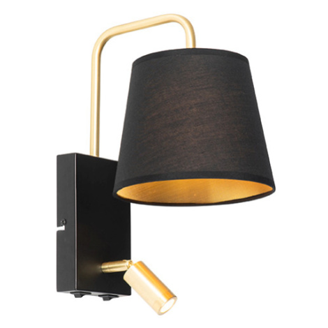 Moderné nástenné svietidlo čierno-zlaté s lampou na čítanie - Renier QAZQA