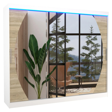 Šatníková skriňa s posuvnými dverami, zrkadlom a LED osvetlením Camb 250 cm biela/dub Sonoma