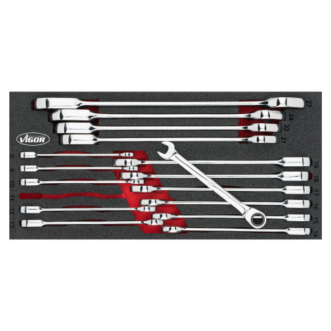 Sada očkoplochých ráčnových klíčů ve vložce do dílenských vozíků - V4987 Vigor