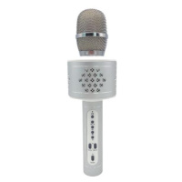 Mikrofón karaoke Bluetooth strieborný na batérie s USB káblom