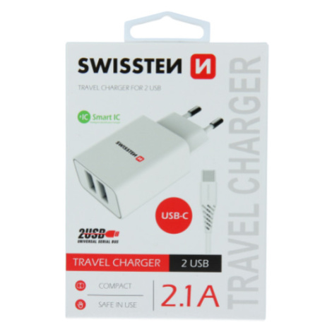 Nabíjačka Swissten Smart IC 2 x USB + USB-C kábel, 2.1A, 10,5W biela