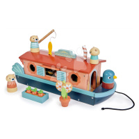 Drevená loďka Little Otter Canal Boat Tender Leaf Toys s 3 figúrkami vydier a 14 doplnkami