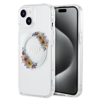 Guess Flowers Ring Glossy MagSafe Kryt pre iPhone 15, Transparentný