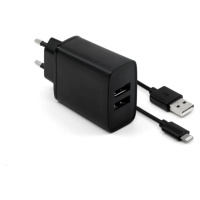 FIXED nabíjačka do siete, konektor 2x USB-A, kábel USB -> Lightning (MFI) dĺžka 1 m, 15 W, čiern