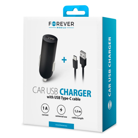 Auto nabíjačka Forever M02 USB 1A s káblom USB typ-c čierna