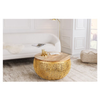 Estila Art deco konferenčný stolík Hoja okrúhleho tvaru s hnedou vrchnou drevenou doskou a zlato