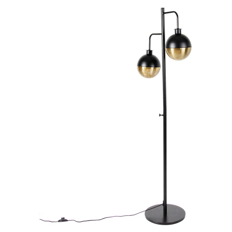 Priemyselná stojaca lampa čierna s mosadzným 2-svetlom - Haicha QAZQA