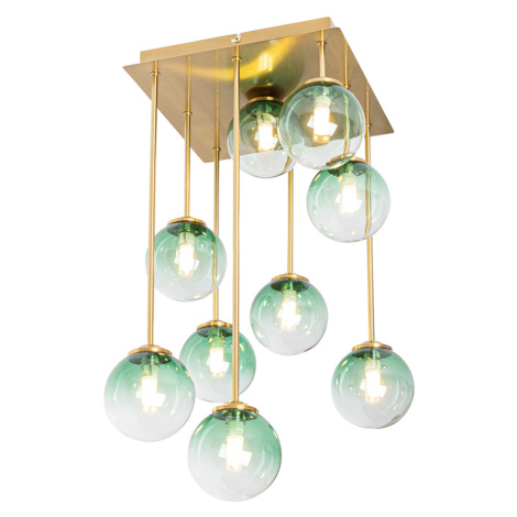 Stropná lampa v štýle Art Deco zlatá so zeleným sklom 9 svetiel - Atény QAZQA