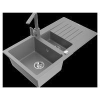 Mexen Matias, granitový drez 900x505x200 mm, 1,5-komorový a šedá batéria Rita, šedá, 6502-71-670