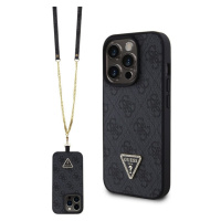 Guess PU 4G Strass Triangle Metal Logo Zadný Kryt + Crossbody Popruh pre iPhone 15 Pro Black