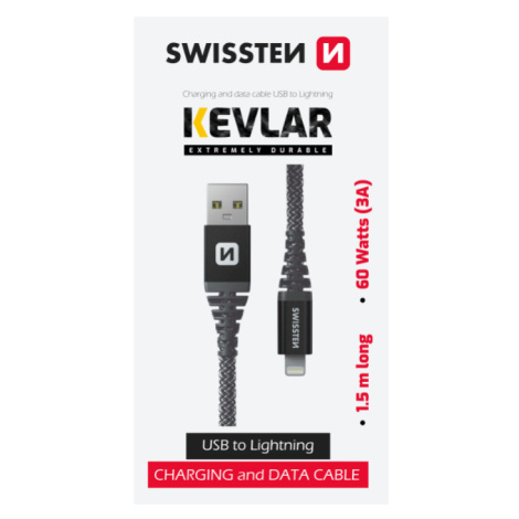 SWISSTEN Kevlar, USB-A na Lightning 8pin, 3A, 60W, 1.5m, čierny