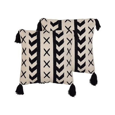 BELIANI, Súprava dvoch bavlnených vankúšov s geometrickým vzorom a strapcami 45 × 45 cm béžová/č