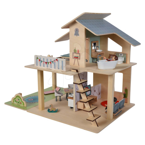 Drevený domček pre bábiky Doll´s House with Furnitures Eichhorn poschodový so 4 izbami 3 figúrka