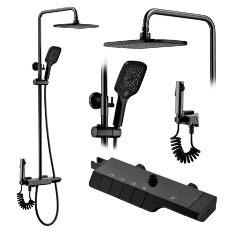 Sprchový set s termostatom Rea Rob čierny - vaňová batéria, dažďová, ručná a bidetová sprcha