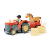 Drevený traktor s vlečkou Farmyard Tractor Tender Leaf Toys s figúrkou farmára a zvieratkami od 